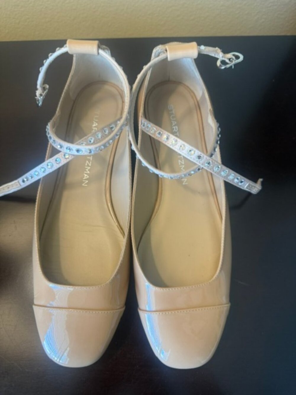 Stuart Weitzman EDEN Crystal EmbellishedAdobe Patent Leather AnkleWrap Flat 8.5M